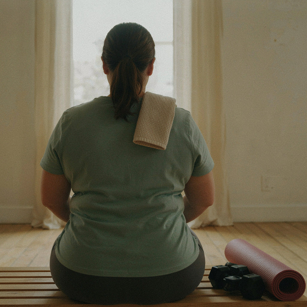 Mujer sentada de espaldas en un estudio de entrenamiento, descansando con una botella de agua entre las manos