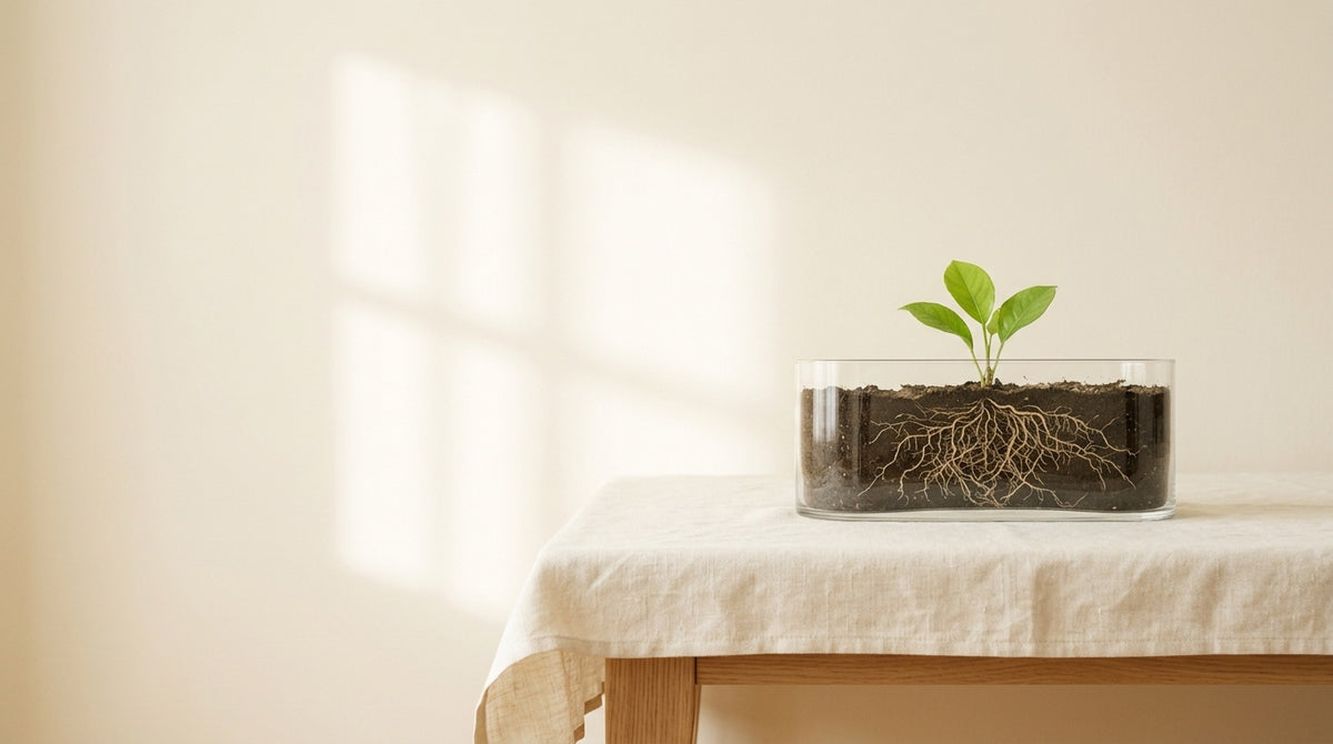 Planta pequeña con sus raíces visibles en un recipiente de vidrio
