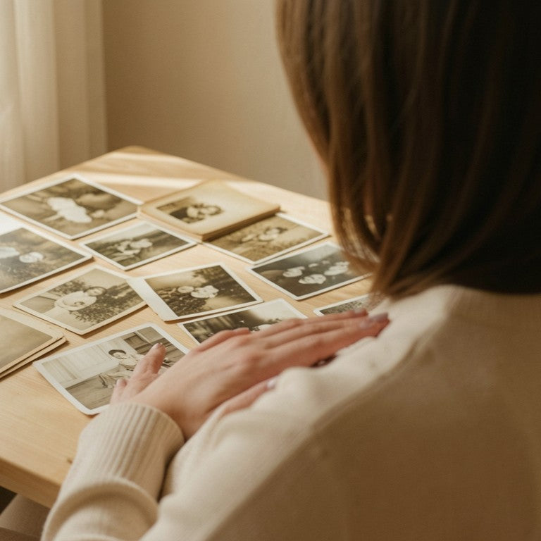 Mujer de espaldas observa fotografías familiares antiguas extendidas sobre una mesa junto a la ventana